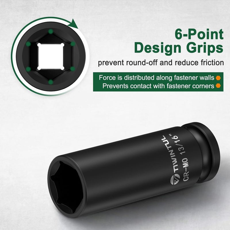 TIWINTUL 13/16" Impact Socket 1/2 Inch Drive, Deep CR-MO Steel Impact Socket, 3.07" Length, 6 Point Design, SAE Size Socket for Automotive and Mechanical Equipment Maintenance - Image 2
